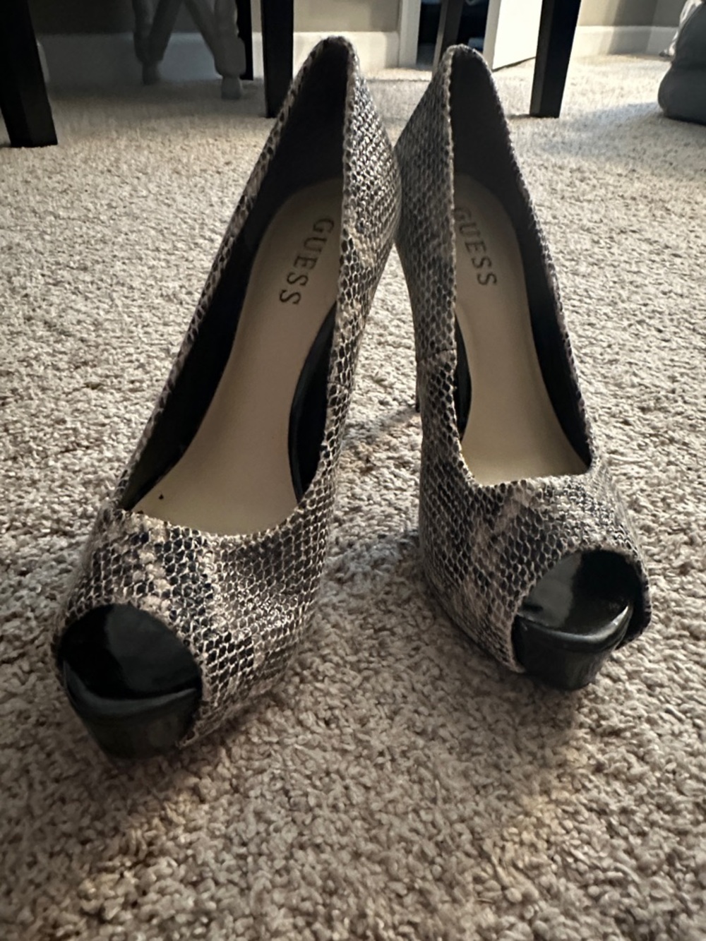 GUESS Snake-Print Peep Toe Heels in Black and Beige